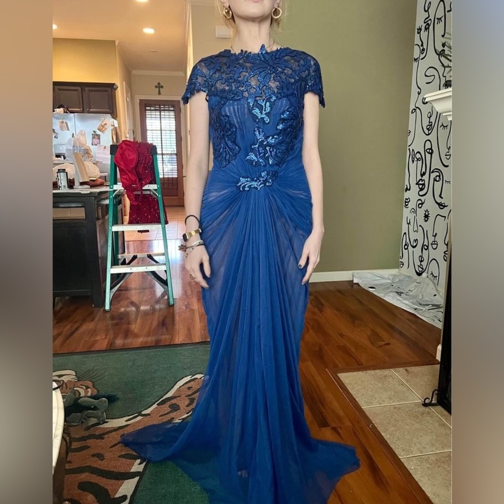 Blue, high neck sequin/tulle gown